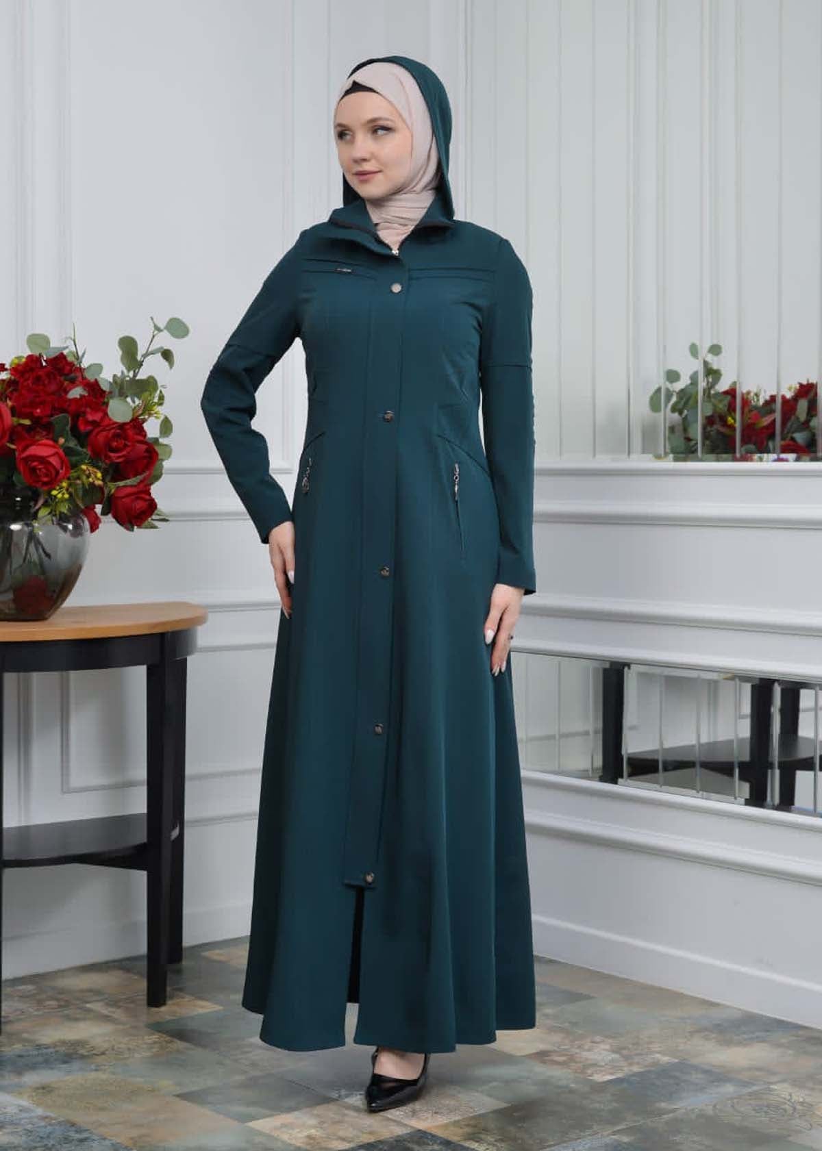 Eleganter brada-Stoff Manto mit Satinfutter und abnehmbarer Kapuze 234 - Khaki