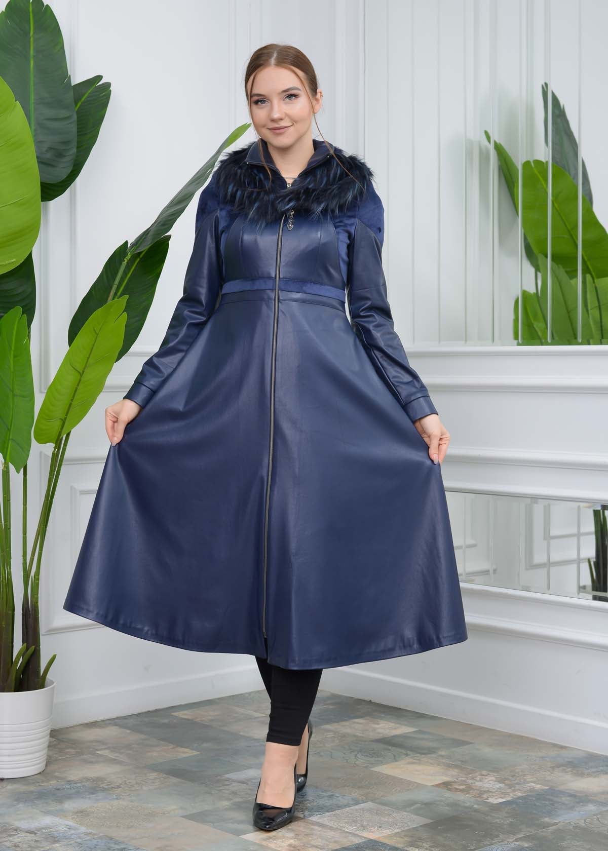 Eleganter Leder-Trenchcoat mit Fellfutter 1310 - Dunkelblau