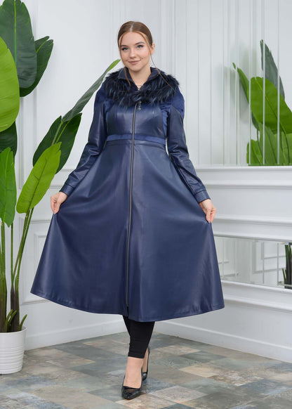 Eleganter Leder-Trenchcoat mit Fellfutter 1310 - Dunkelblau