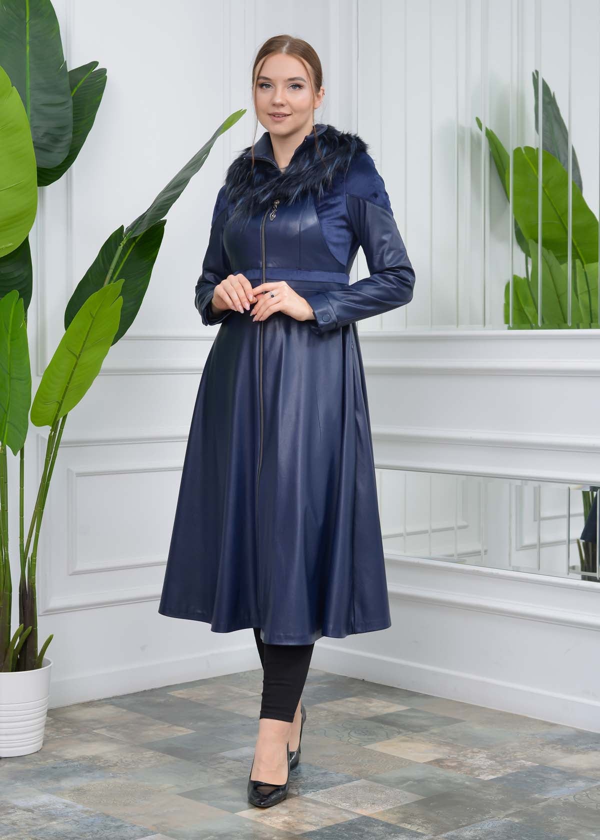 Eleganter Leder-Trenchcoat mit Fellfutter 1310 - Dunkelblau