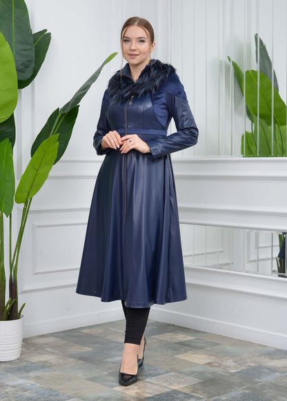 Eleganter Leder-Trenchcoat mit Fellfutter 1310 - Dunkelblau