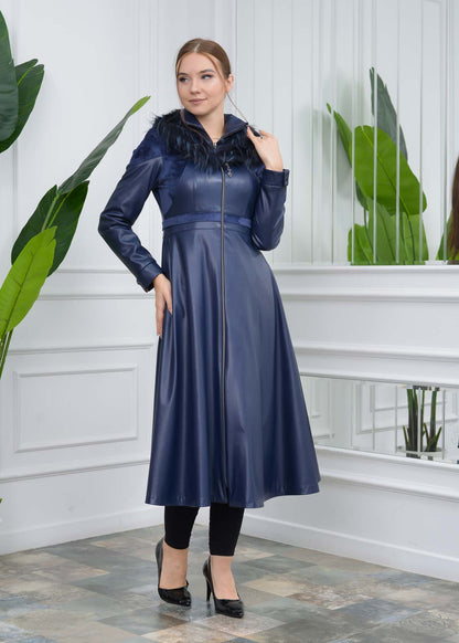 Eleganter Leder-Trenchcoat mit Fellfutter 1310 - Dunkelblau