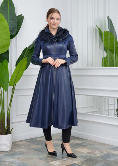 Eleganter Leder-Trenchcoat mit Fellfutter 1310 - Dunkelblau