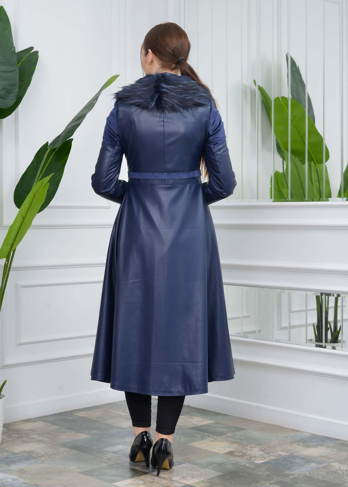 Eleganter Leder-Trenchcoat mit Fellfutter 1310 - Dunkelblau