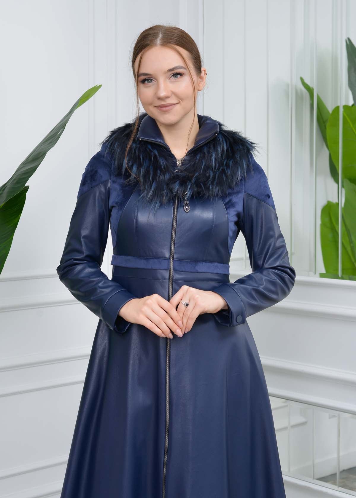 Eleganter Leder-Trenchcoat mit Fellfutter 1310 - Dunkelblau