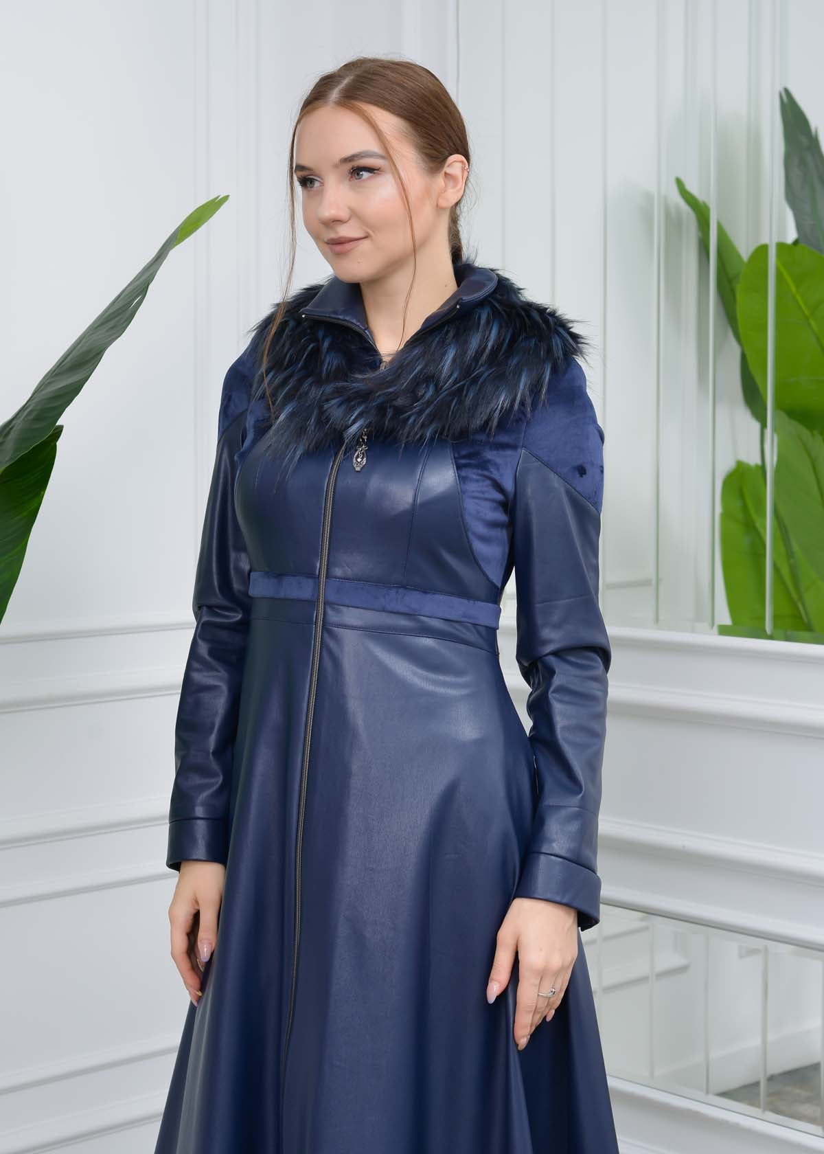 Eleganter Leder-Trenchcoat mit Fellfutter 1310 - Dunkelblau