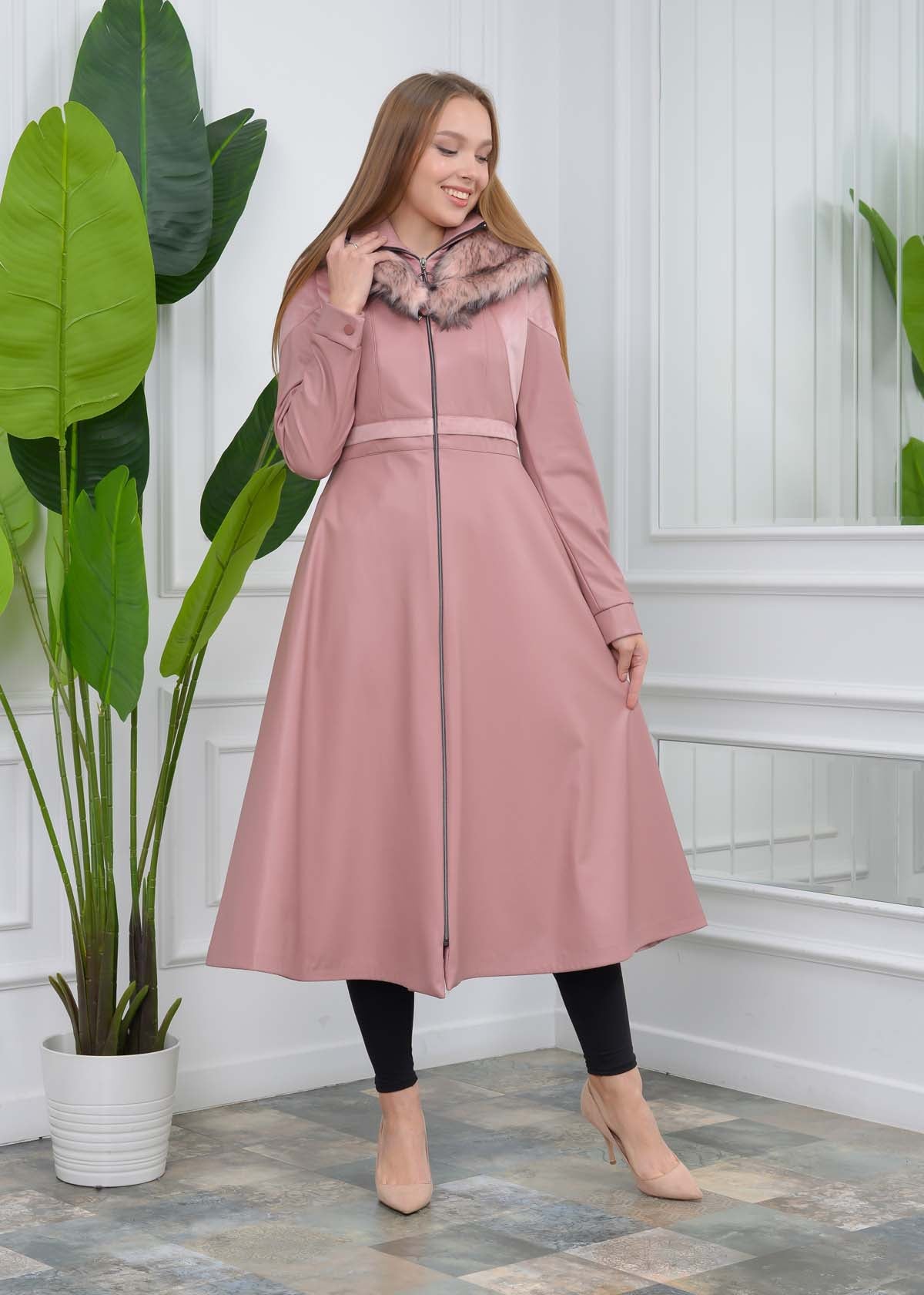 Eleganter Leder-Trenchcoat mit Fellfutter 1310 - Rosa