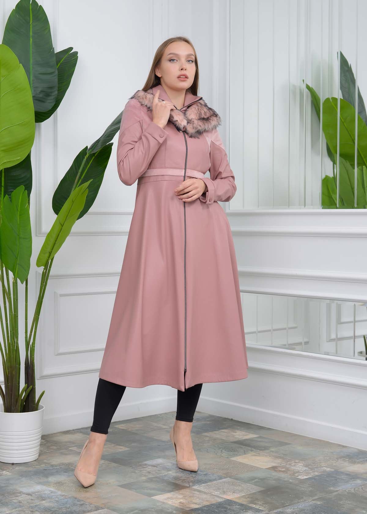 Eleganter Leder-Trenchcoat mit Fellfutter 1310 - Rosa