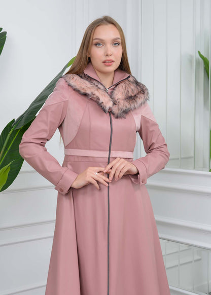 Eleganter Leder-Trenchcoat mit Fellfutter 1310 - Rosa