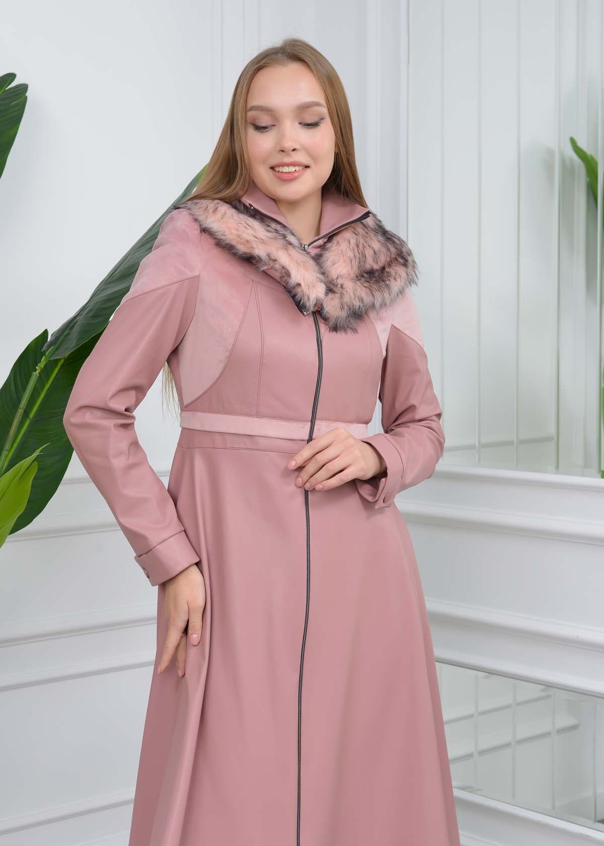 Eleganter Leder-Trenchcoat mit Fellfutter 1310 - Rosa