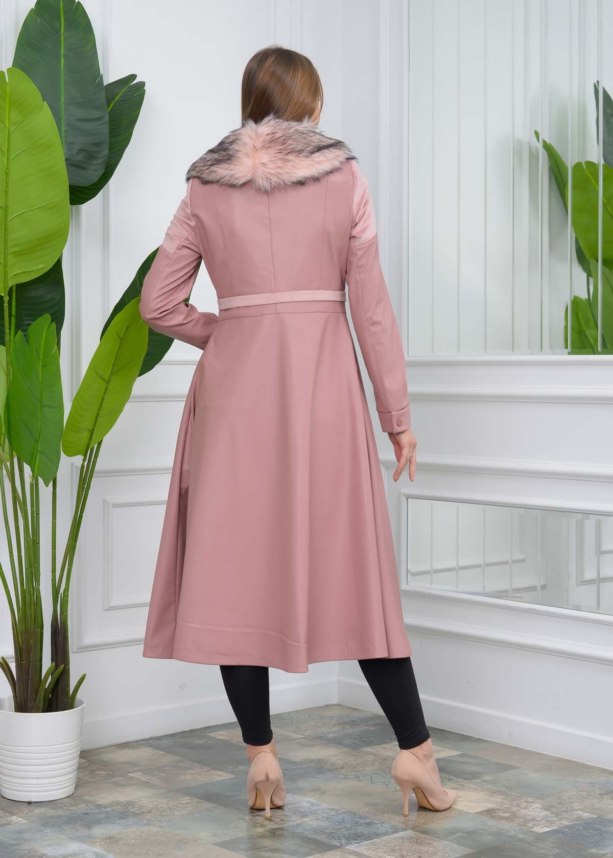 Eleganter Leder-Trenchcoat mit Fellfutter 1310 - Rosa