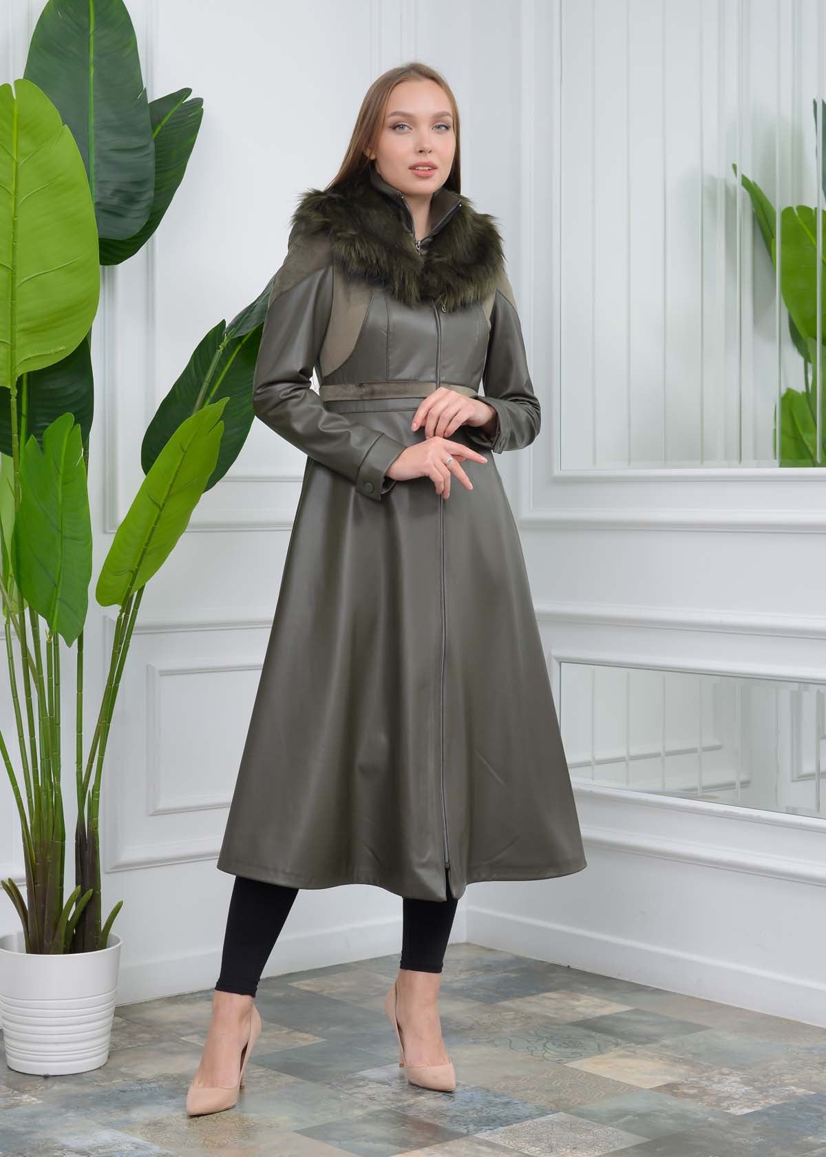 Eleganter Leder-Trenchcoat mit Fellfutter 1310 - Khaki