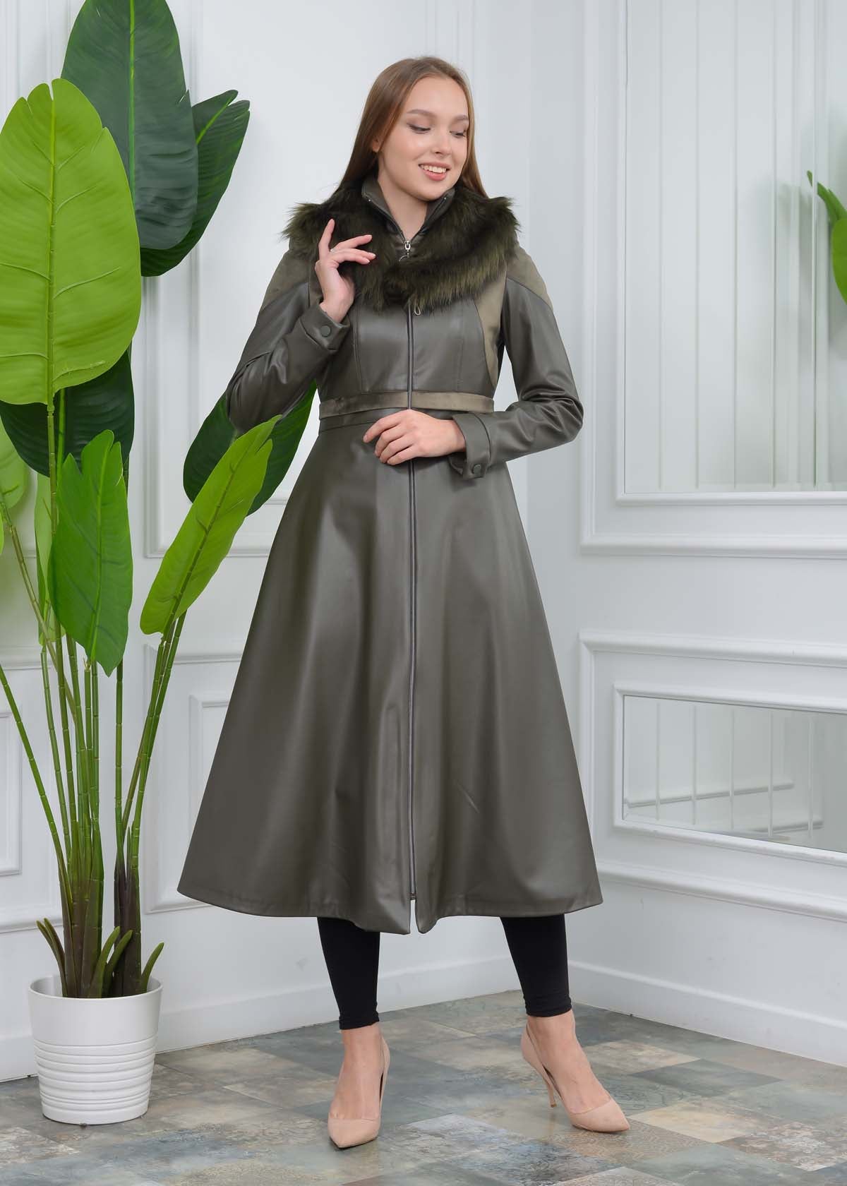 Eleganter Leder-Trenchcoat mit Fellfutter 1310 - Khaki