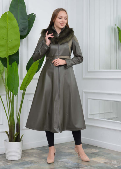 Eleganter Leder-Trenchcoat mit Fellfutter 1310 - Khaki