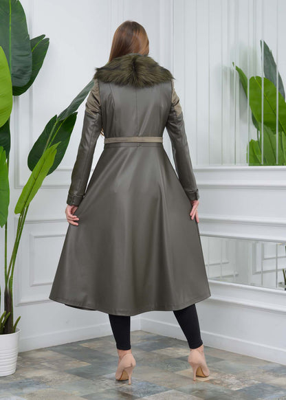 Eleganter Leder-Trenchcoat mit Fellfutter 1310 - Khaki