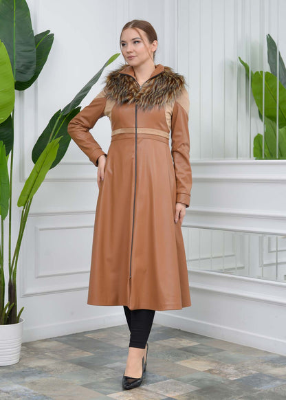 Eleganter Leder-Trenchcoat mit Fellfutter 1310 - Beige