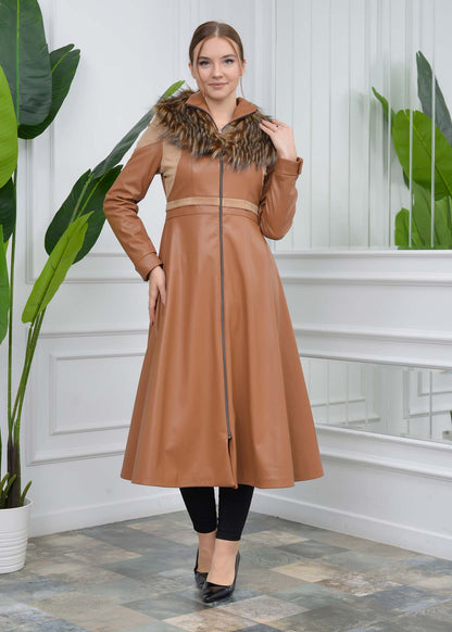 Eleganter Leder-Trenchcoat mit Fellfutter 1310 - Beige