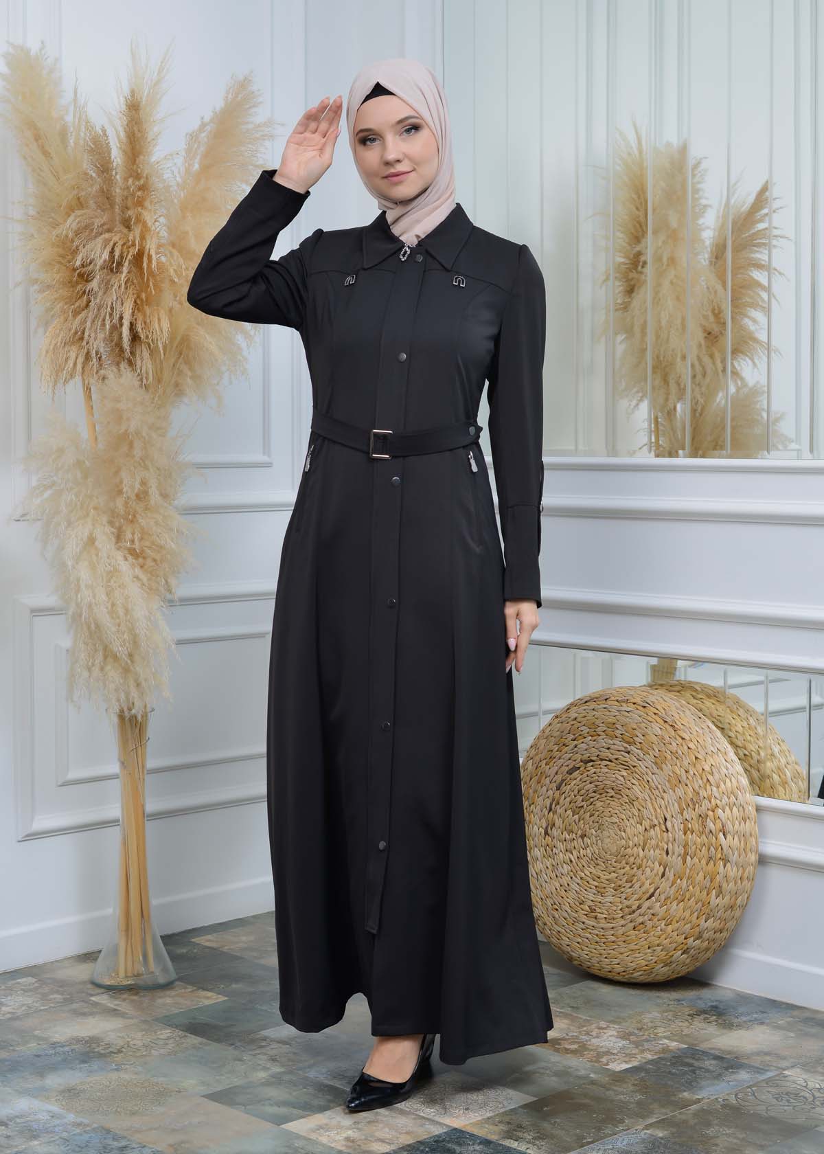 Manto aus Petek-Stoff mit Satinfutter 242 - Schwarz