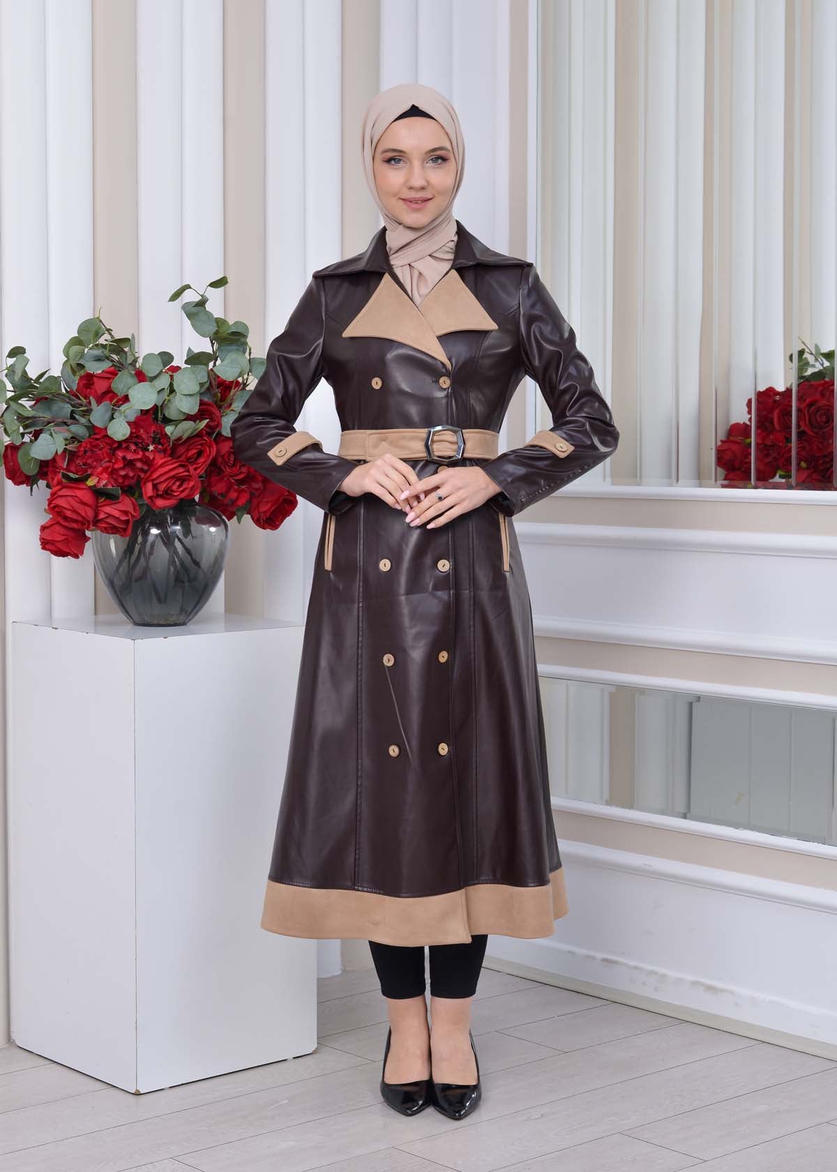 Leder-Wildleder-Trenchcoat mit Fellfutter 1334 - Braun