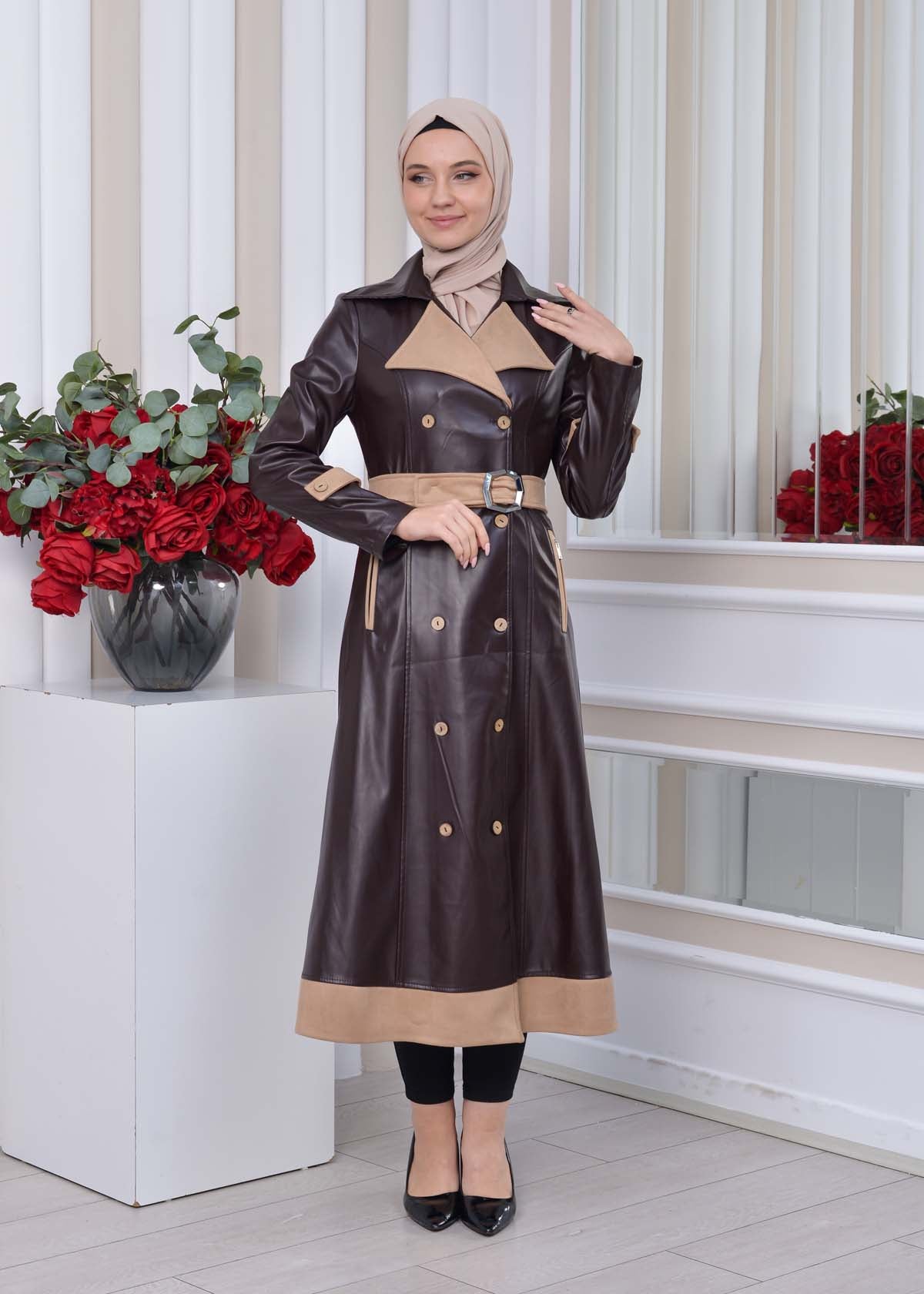 Leder-Wildleder-Trenchcoat mit Fellfutter 1334 - Braun