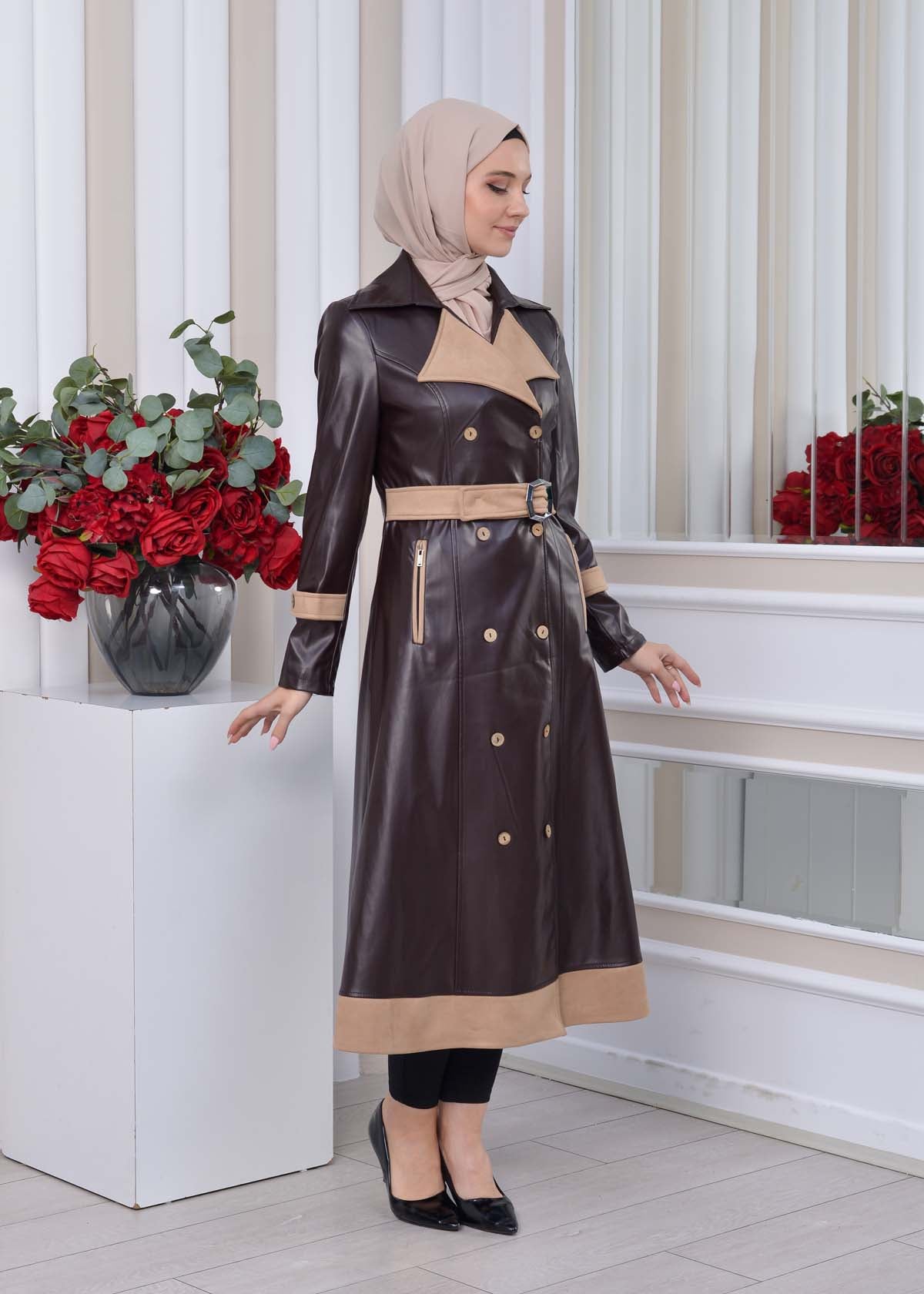 Leder-Wildleder-Trenchcoat mit Fellfutter 1334 - Braun