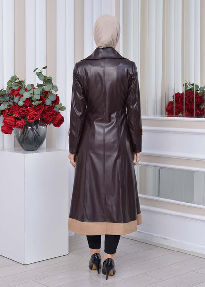 Leder-Wildleder-Trenchcoat mit Fellfutter 1334 - Braun
