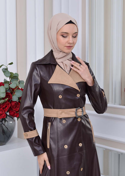 Leder-Wildleder-Trenchcoat mit Fellfutter 1334 - Braun