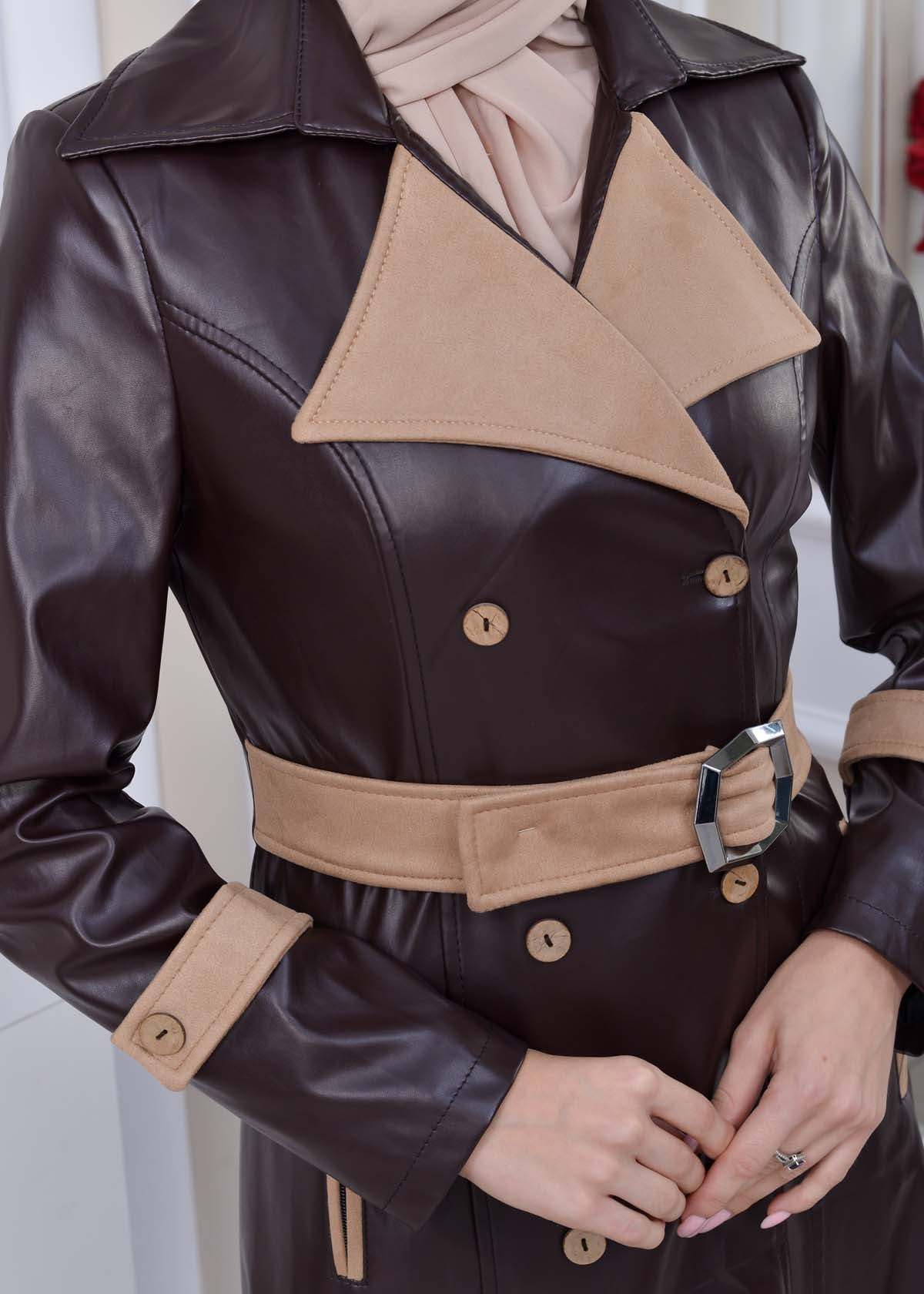 Leder-Wildleder-Trenchcoat mit Fellfutter 1334 - Braun