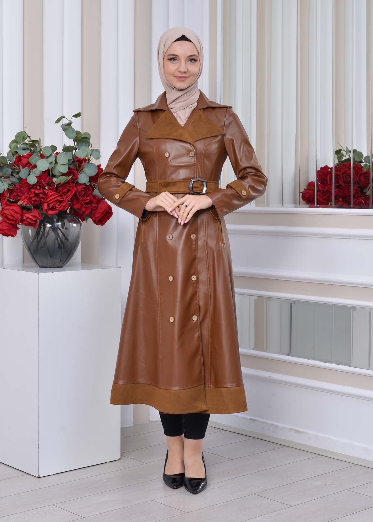 Leder-Wildleder-Trenchcoat mit Fellfutter 1334 - Cognac