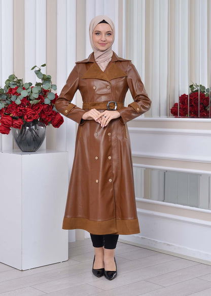 Leder-Wildleder-Trenchcoat mit Fellfutter 1334 - Cognac