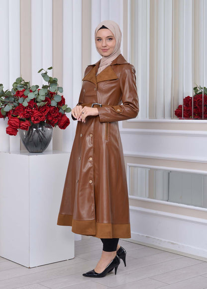 Leder-Wildleder-Trenchcoat mit Fellfutter 1334 - Cognac
