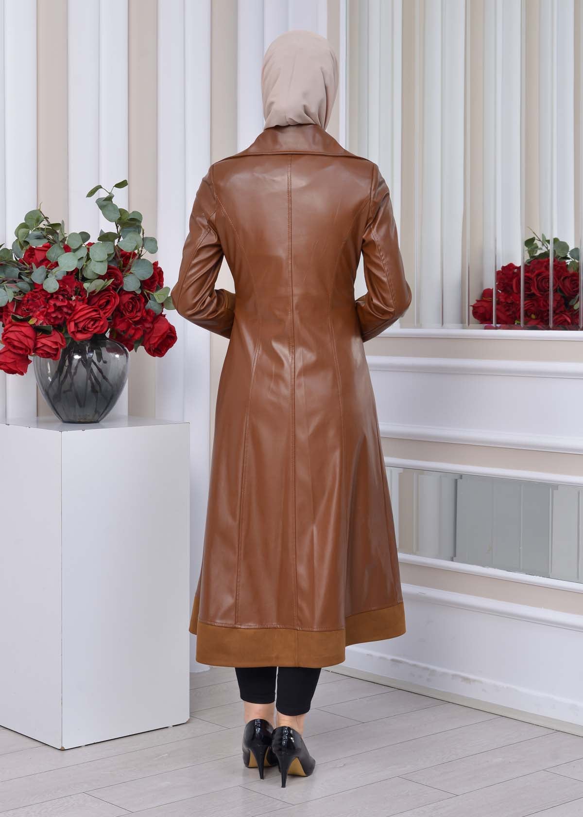 Leder-Wildleder-Trenchcoat mit Fellfutter 1334 - Cognac