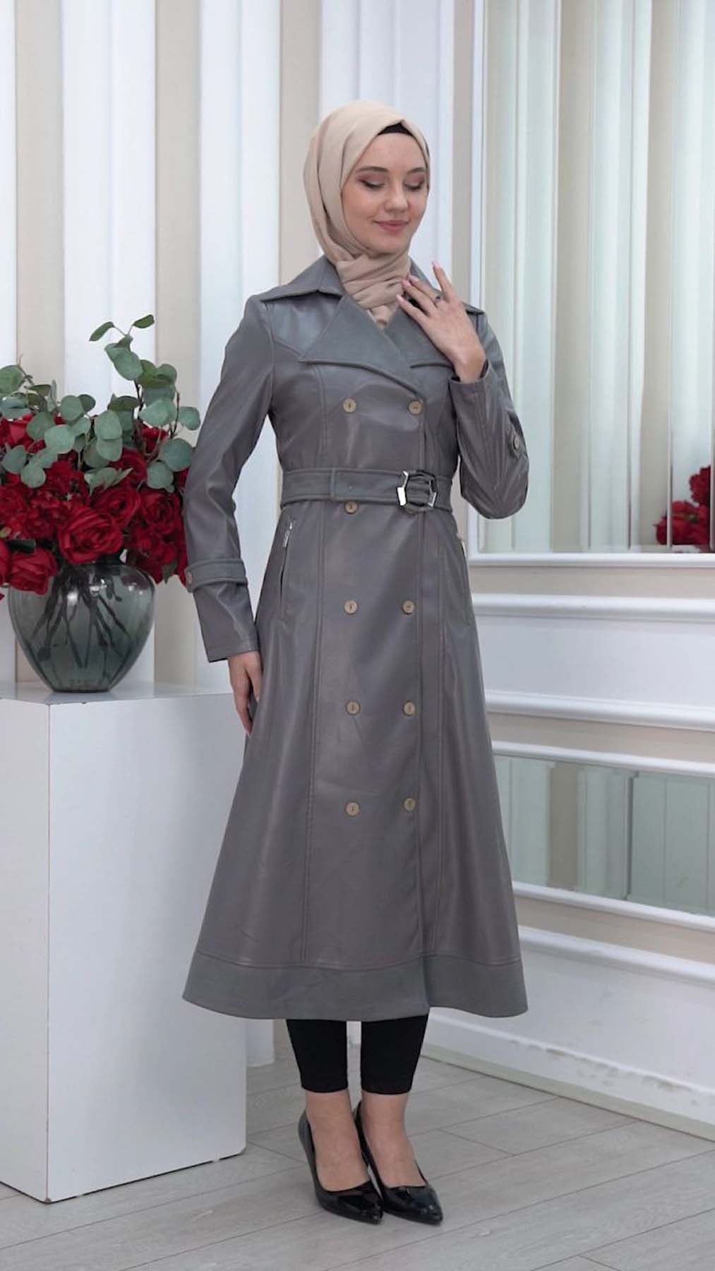 Leder-Wildleder-Trenchcoat mit Fellfutter 1334 - Dunkelgrau