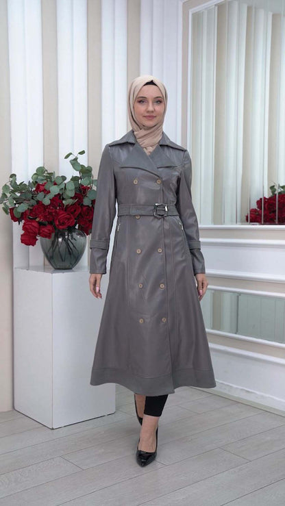 Leder-Wildleder-Trenchcoat mit Fellfutter 1334 - Dunkelgrau