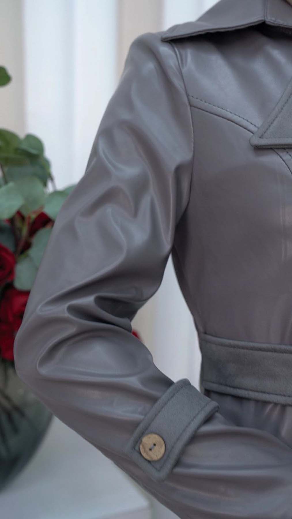 Leder-Wildleder-Trenchcoat mit Fellfutter 1334 - Dunkelgrau