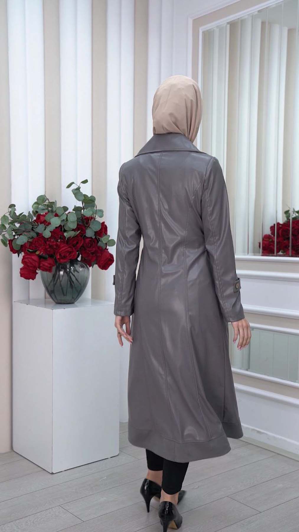 Leder-Wildleder-Trenchcoat mit Fellfutter 1334 - Dunkelgrau