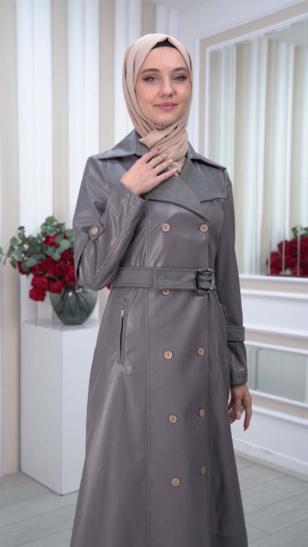 Leder-Wildleder-Trenchcoat mit Fellfutter 1334 - Dunkelgrau