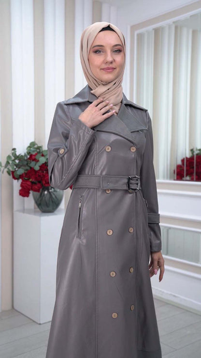 Leder-Wildleder-Trenchcoat mit Fellfutter 1334 - Dunkelgrau