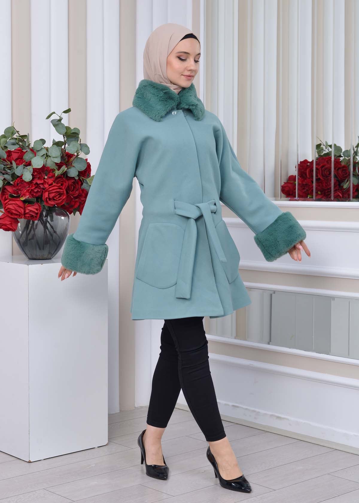 Jokh-Jacke mit abnehmbarem Pelzkragen 1335 - Mint