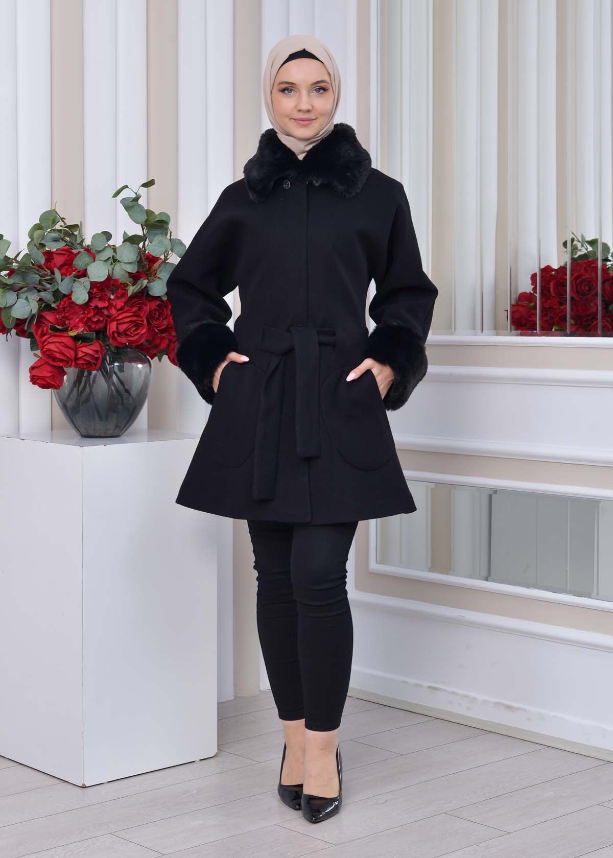 Jokh-Jacke mit abnehmbarem Pelzkragen 1335 - Schwarz