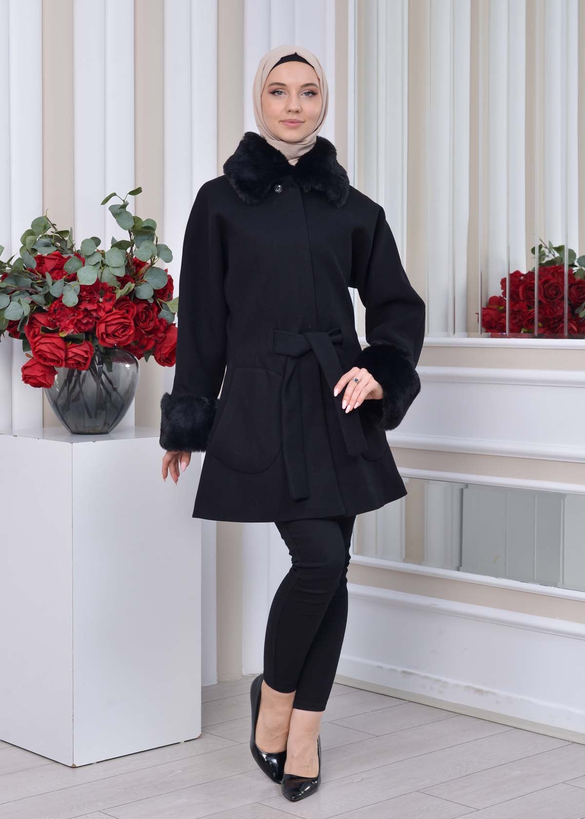 Jokh-Jacke mit abnehmbarem Pelzkragen 1335 - Schwarz