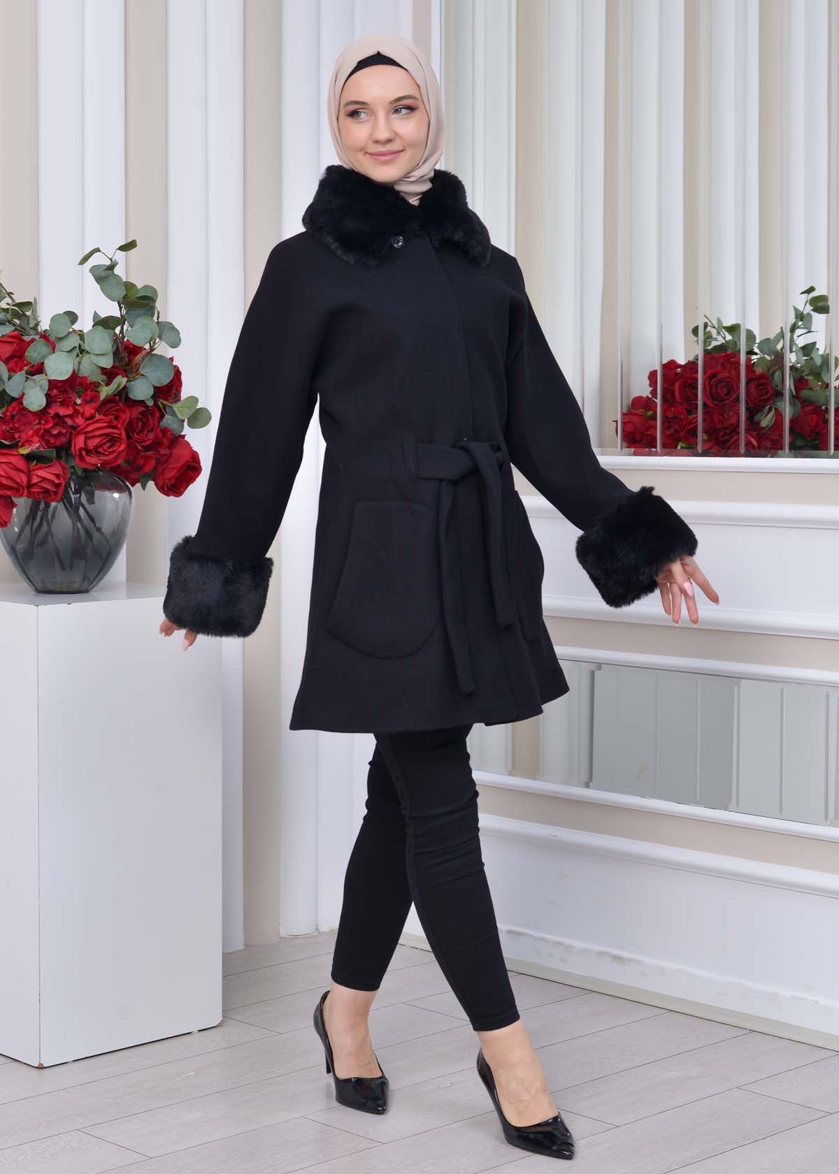 Jokh-Jacke mit abnehmbarem Pelzkragen 1335 - Schwarz