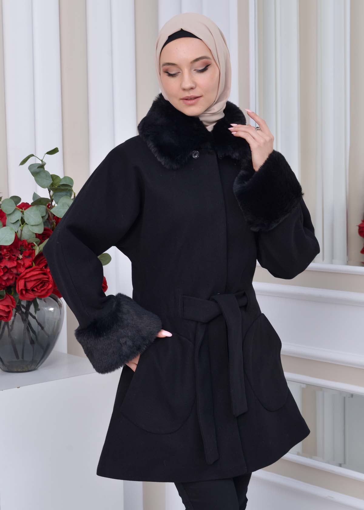 Jokh-Jacke mit abnehmbarem Pelzkragen 1335 - Schwarz
