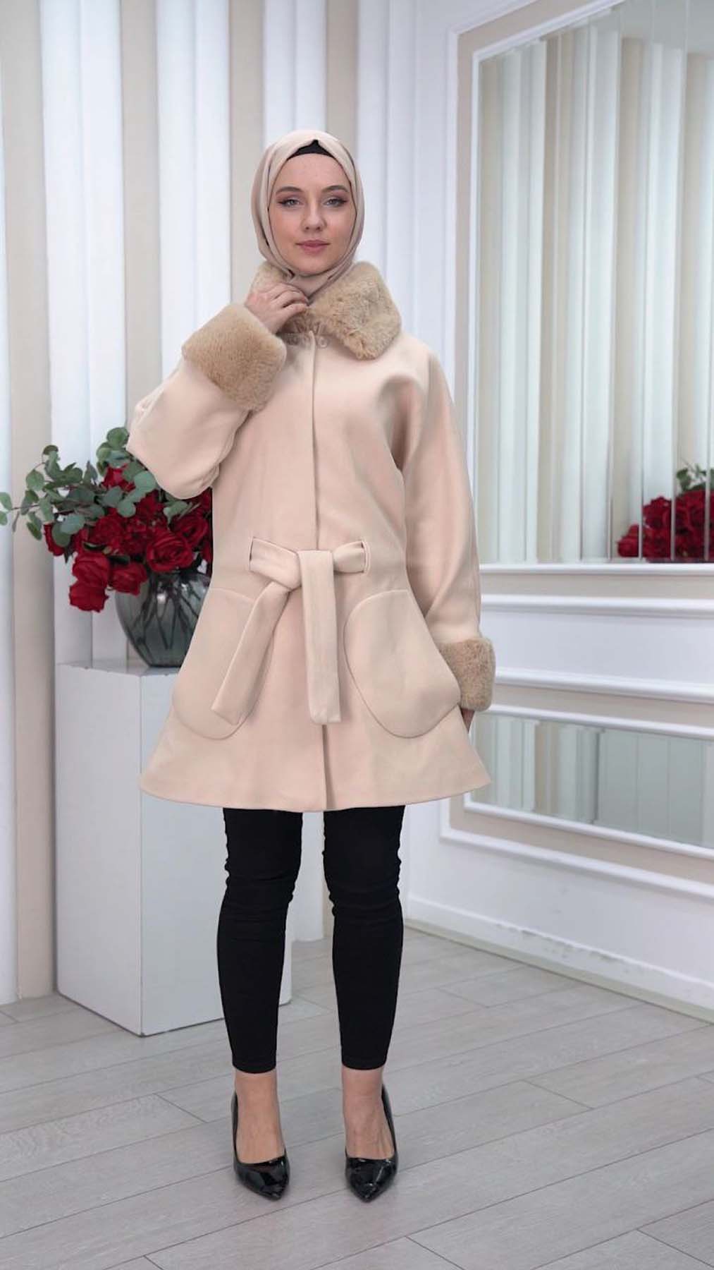 Jokh-Jacke mit abnehmbarem Pelzkragen 1335 - Beige
