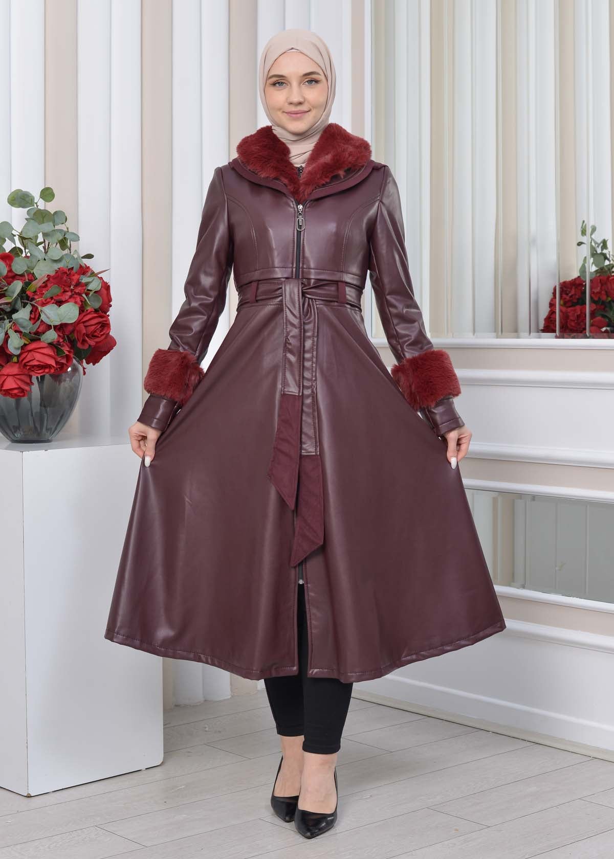 Eleganter Double-Cloche Leder-Trenchcoat mit Kaninchenfell-Futter 1350 - Bordeaux