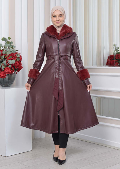 Eleganter Double-Cloche Leder-Trenchcoat mit Kaninchenfell-Futter 1350 - Bordeaux