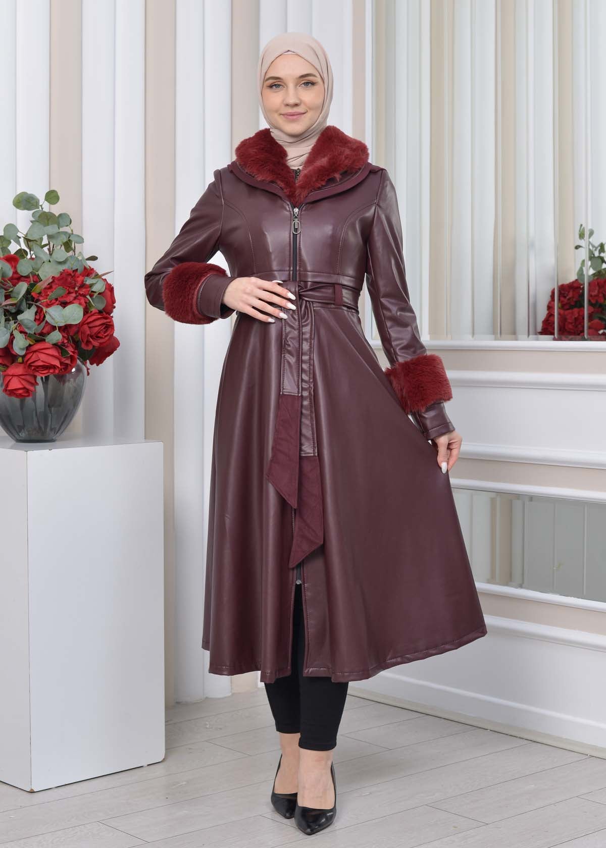 Eleganter Double-Cloche Leder-Trenchcoat mit Kaninchenfell-Futter 1350 - Bordeaux
