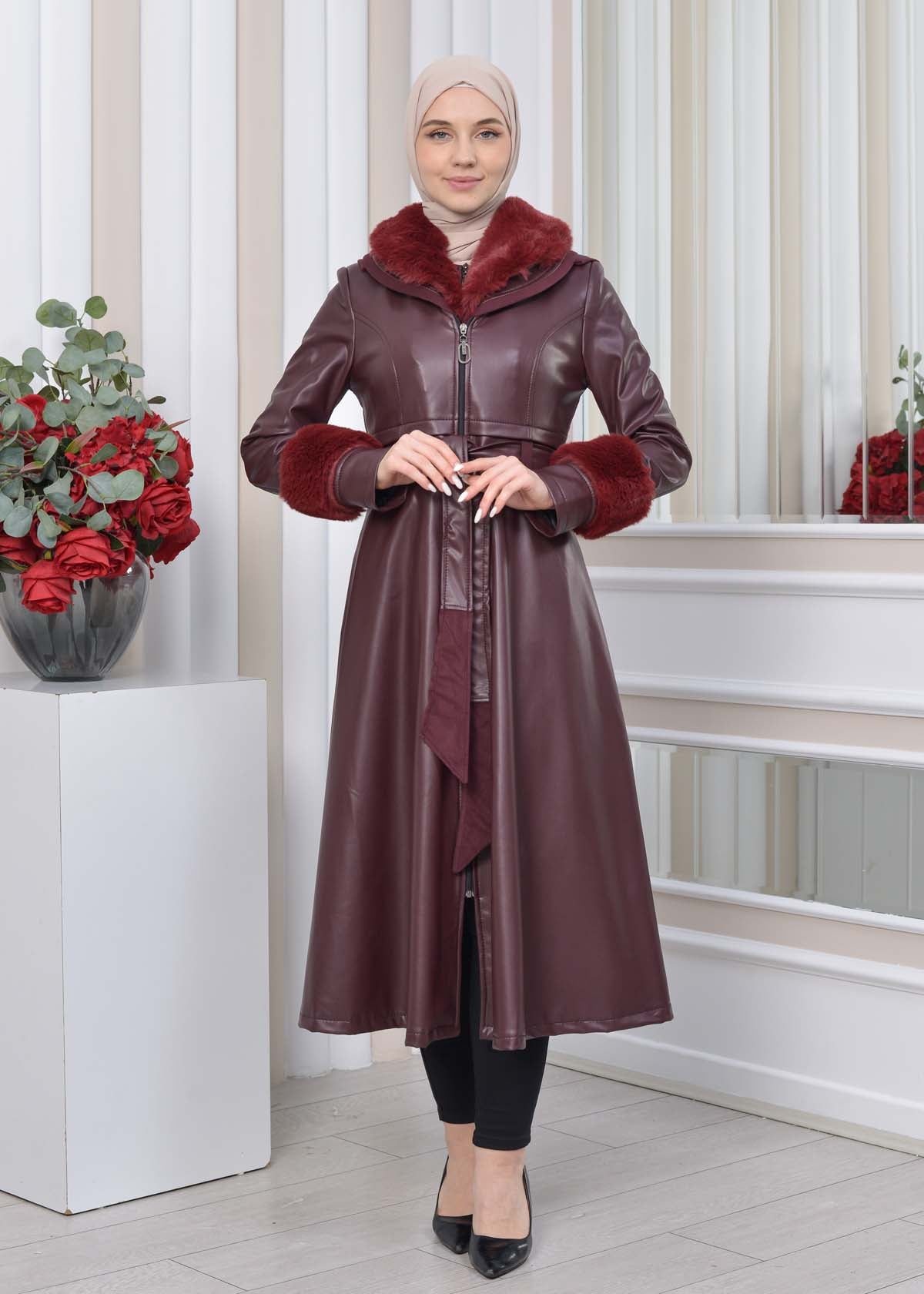 Eleganter Double-Cloche Leder-Trenchcoat mit Kaninchenfell-Futter 1350 - Bordeaux