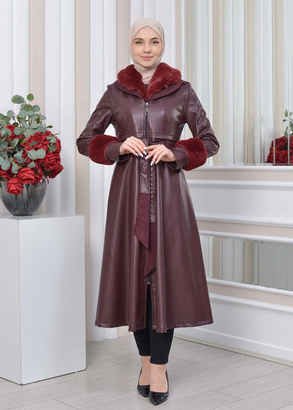 Eleganter Double-Cloche Leder-Trenchcoat mit Kaninchenfell-Futter 1350 - Bordeaux