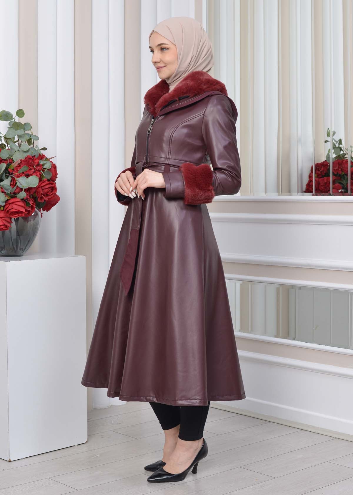 Eleganter Double-Cloche Leder-Trenchcoat mit Kaninchenfell-Futter 1350 - Bordeaux